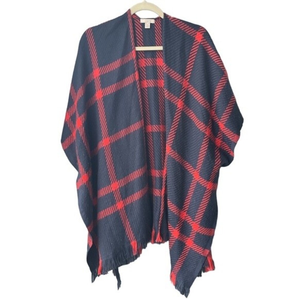 LOFT Plaid Red Blue Sweater Fringe Shawl Shrug Size S